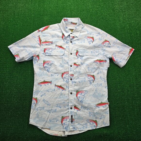 Cabelas Shirt Mens Medium/Large Light Blue Button Up Trout Fish Vented Fishing - Picture 1 of 9